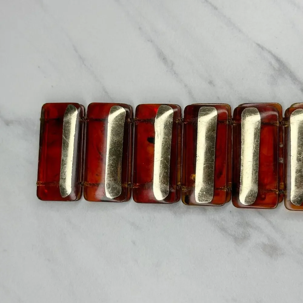 Vintage Red Amber Translucent Plastic Bar Belt Gold Tone Buckle XS/S Small ✨